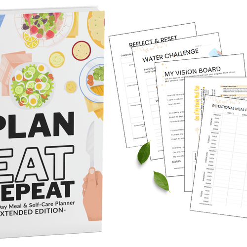 Printed pages of the 180‑Day Meal Planner featuring the Plan Eat Repeat cover and templates.