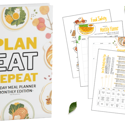 Printed pages of the 30‑Day Meal Planner with the Plan Eat Repeat cover and templates.