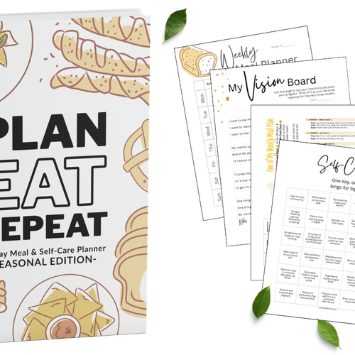 Printed pages of the 90‑Day Meal Planner with the “Seasonal Edition” cover and planning sheets.