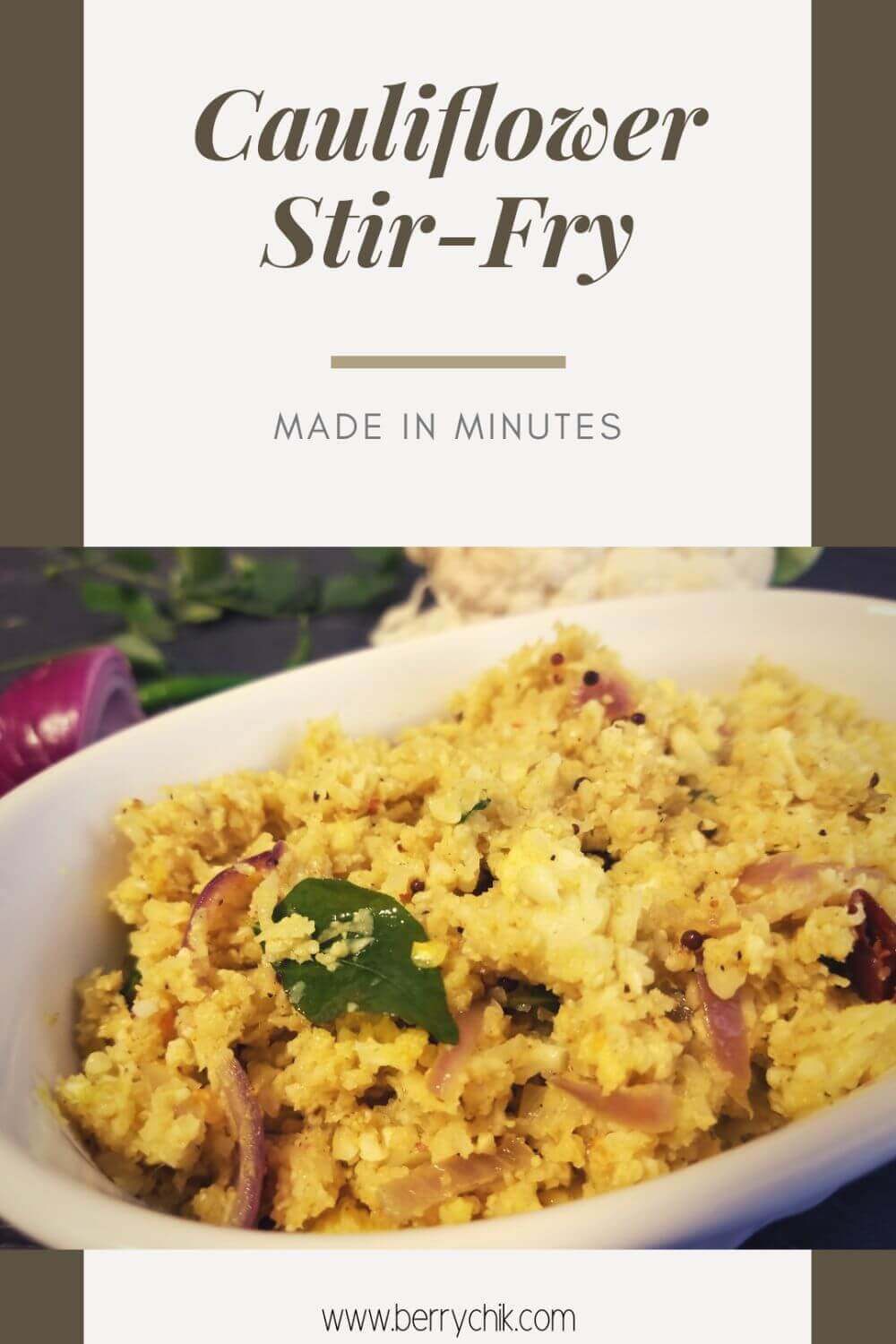 Side view of cauliflower coconut stir‑fry plated and ready to serve.  