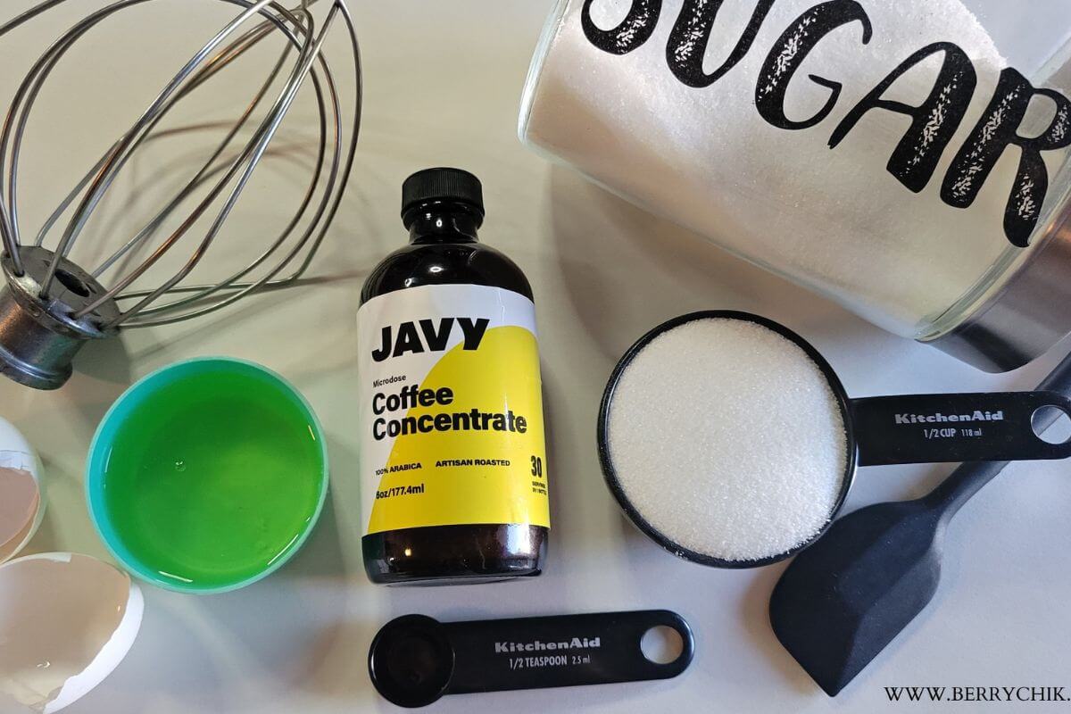 Overhead view of the ingredients needed to bake the coffee meringues