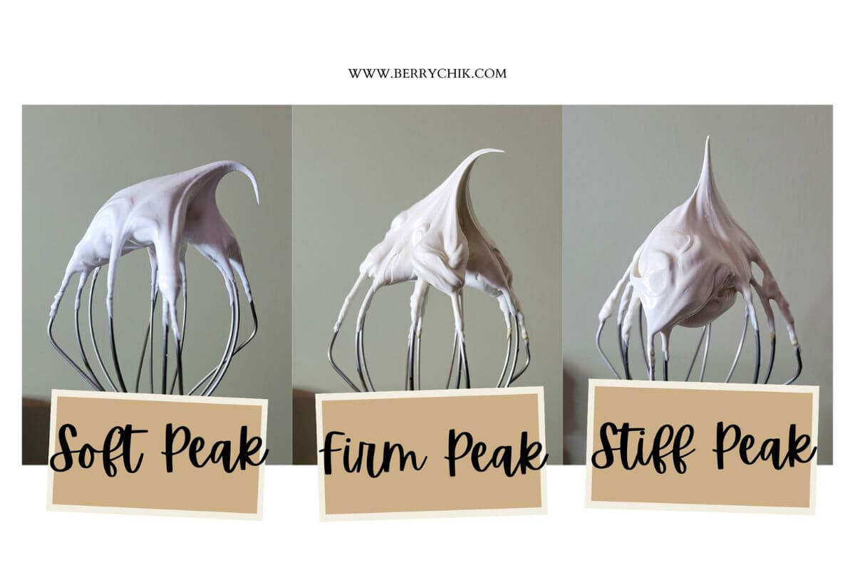 Close‑up of a coffee meringue soft peak, firm peak, and stiff peak consistency