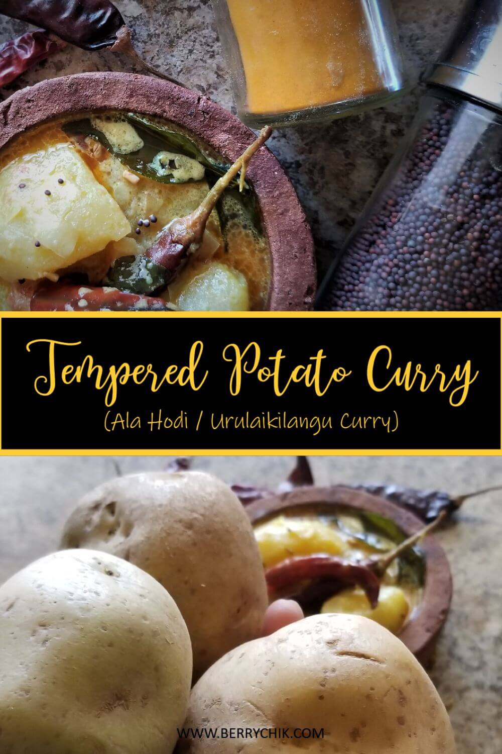 pin image of potato curry showing potatoes coated in coconut gravy.