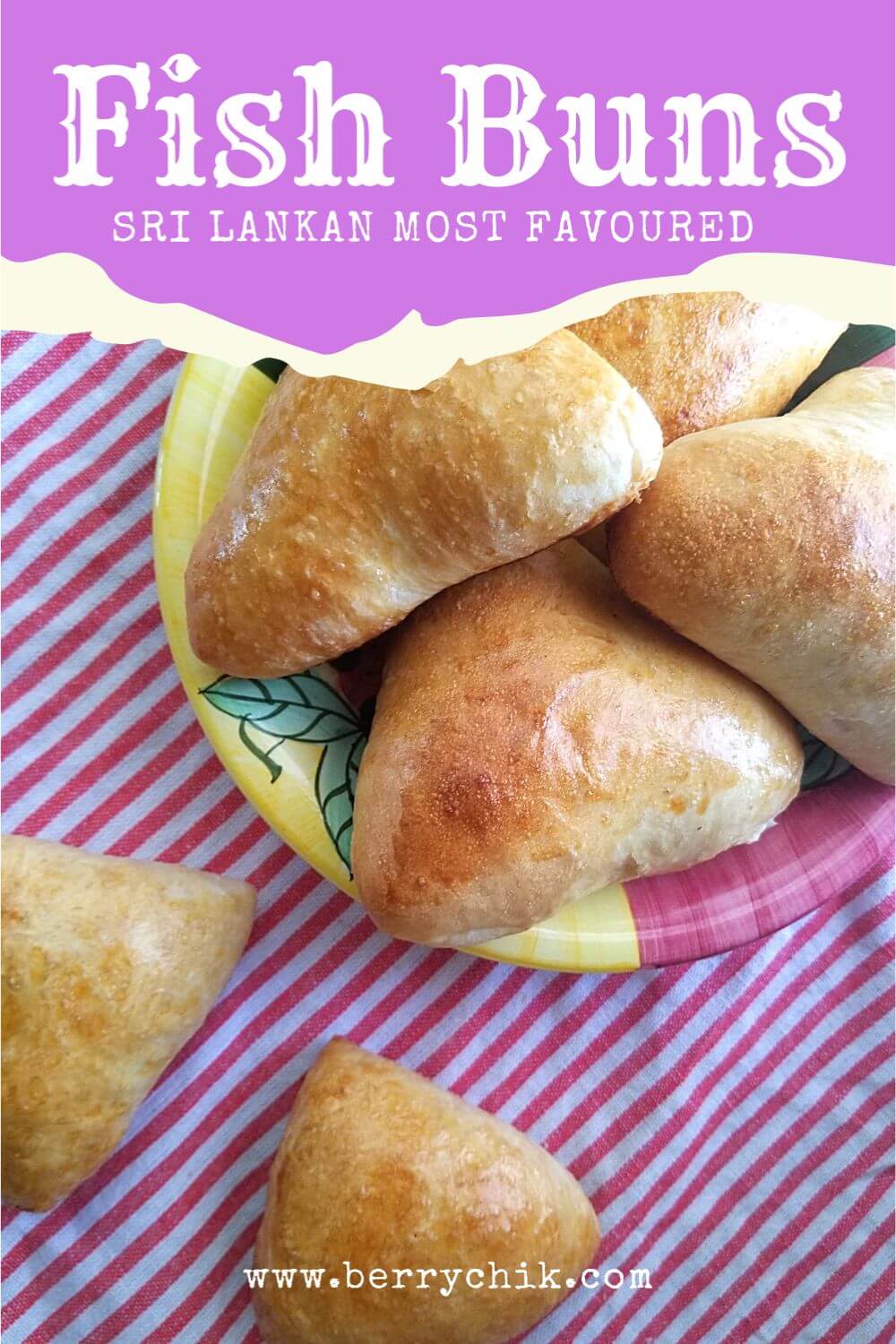 Recipe pin featuring a close-up image of a few Sri Lankans fish buns piled and some scattered outside a colorful plate.