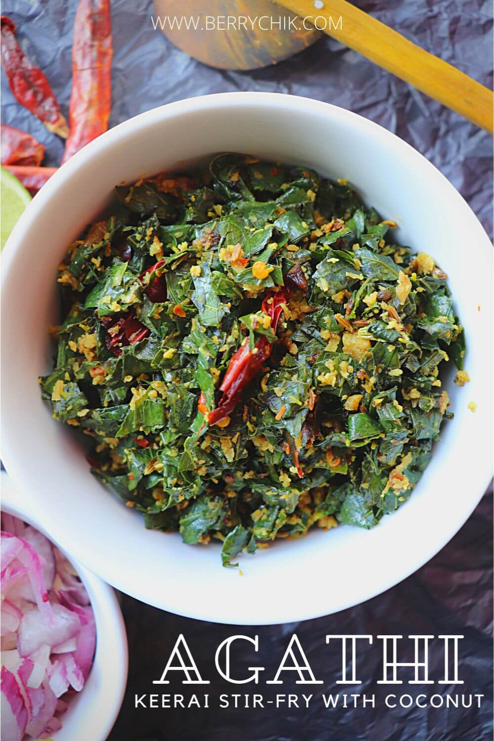 Fresh Agathi keerai (Sesbania Grandiflora) leaves washed, stir-fried ready for serving