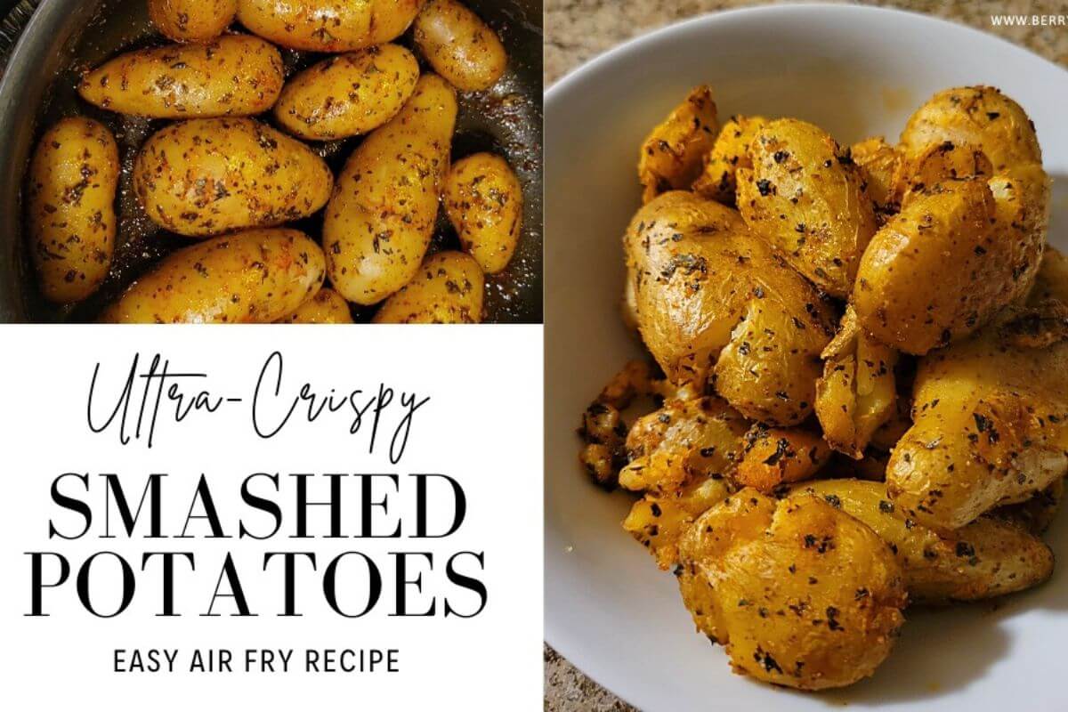 Ultra crispy air‑fried smashed potatoes with golden edges and herb‑garlic seasoning.  
