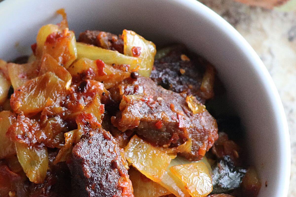 Sri Lankan beef onion sambal with caramelized onions and chili flakes.