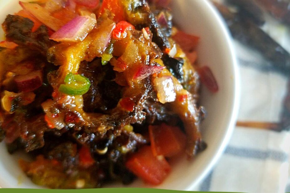 Air-fried bitter melon mixed with sambal ingredients including onions, chilies, and lime juice.