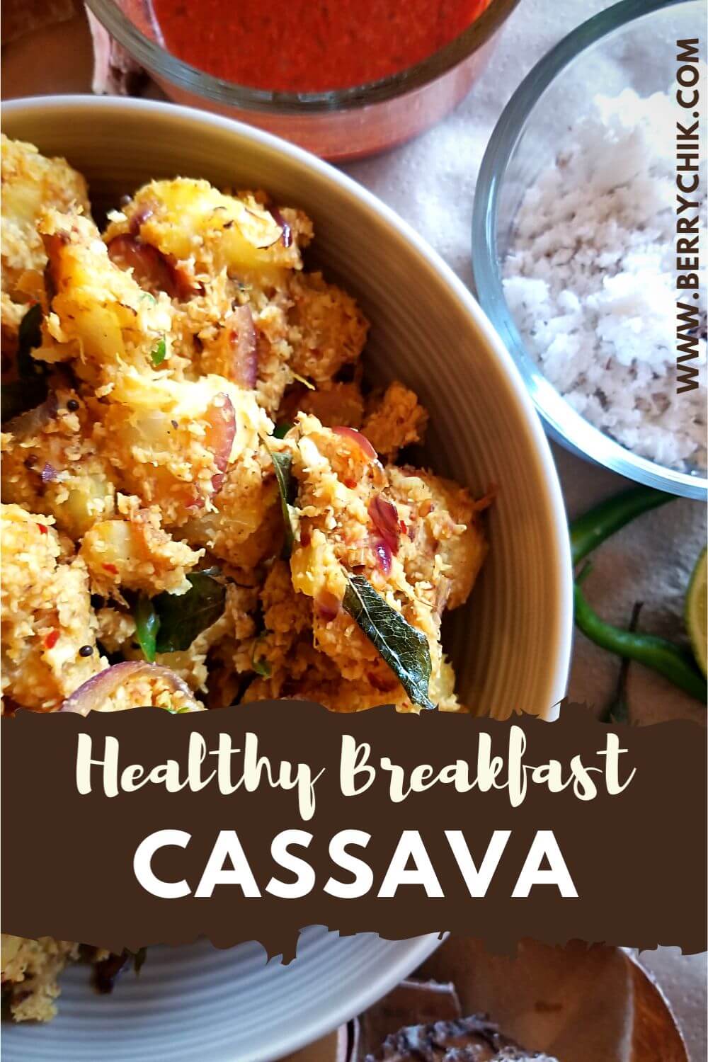 Cassava coconut stir‑fry served as a side dish with rice.
