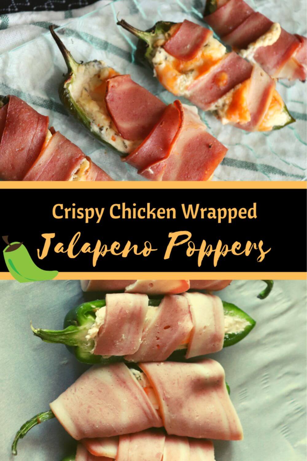 pin image featuring golden chicken‑wrapped jalapeño poppers arranged closely together