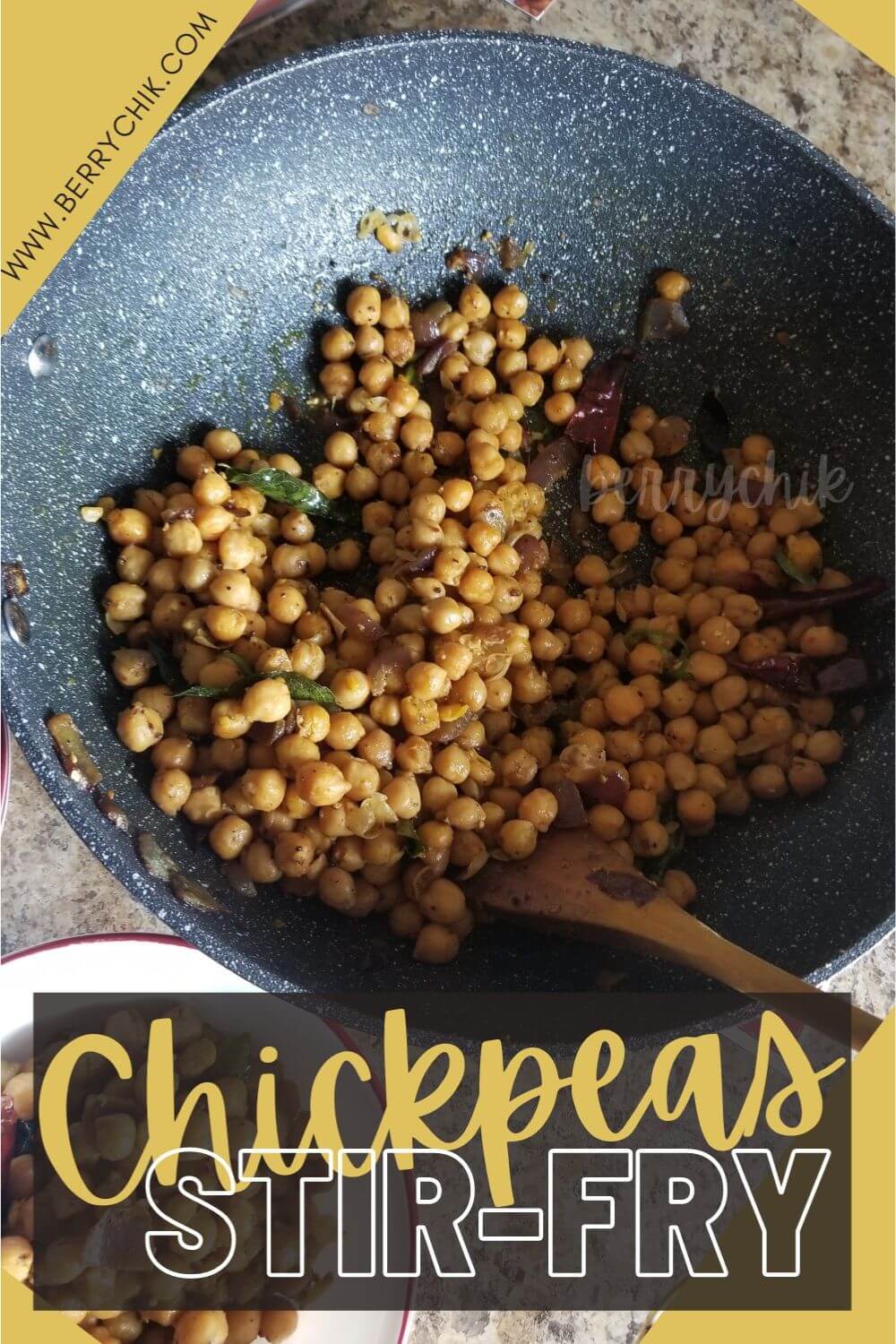 pin image featuring chickpea stir fry in a wok