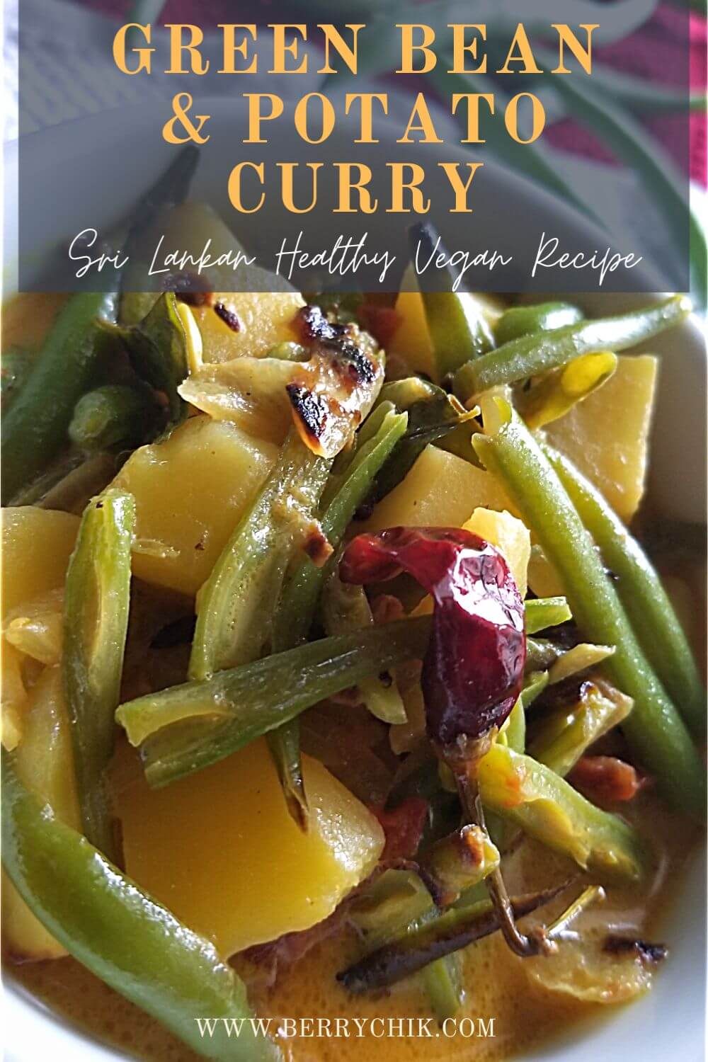 pin image featuring a close up shot of the green beans curry with coconut milk and potatoes. 