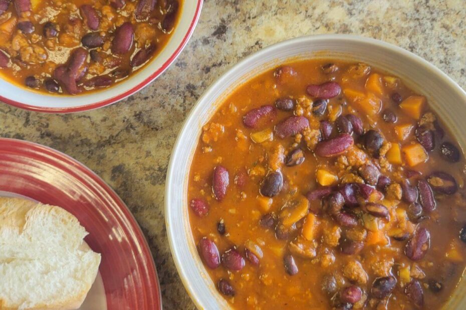 Bowl of Instant Pot chili ready to serve.