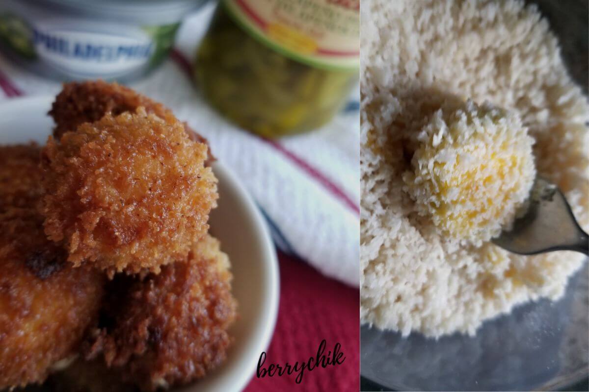 Overhead view of jalapeño poppers in a bowl with crispy topping.  