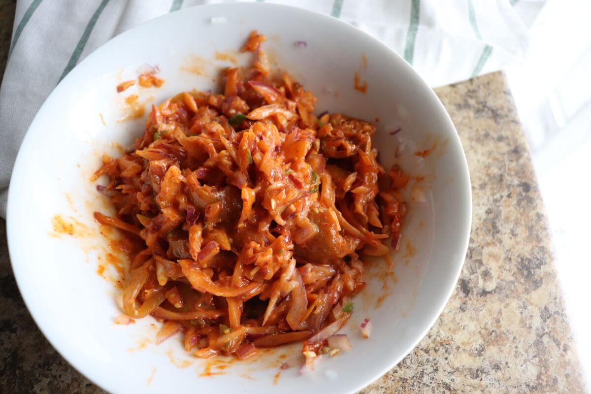 Close-up of spicy lime pickle sambal showing texture