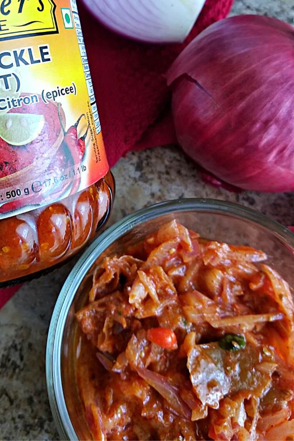 Spicy lime pickle sambal in a bowl – overhead shot