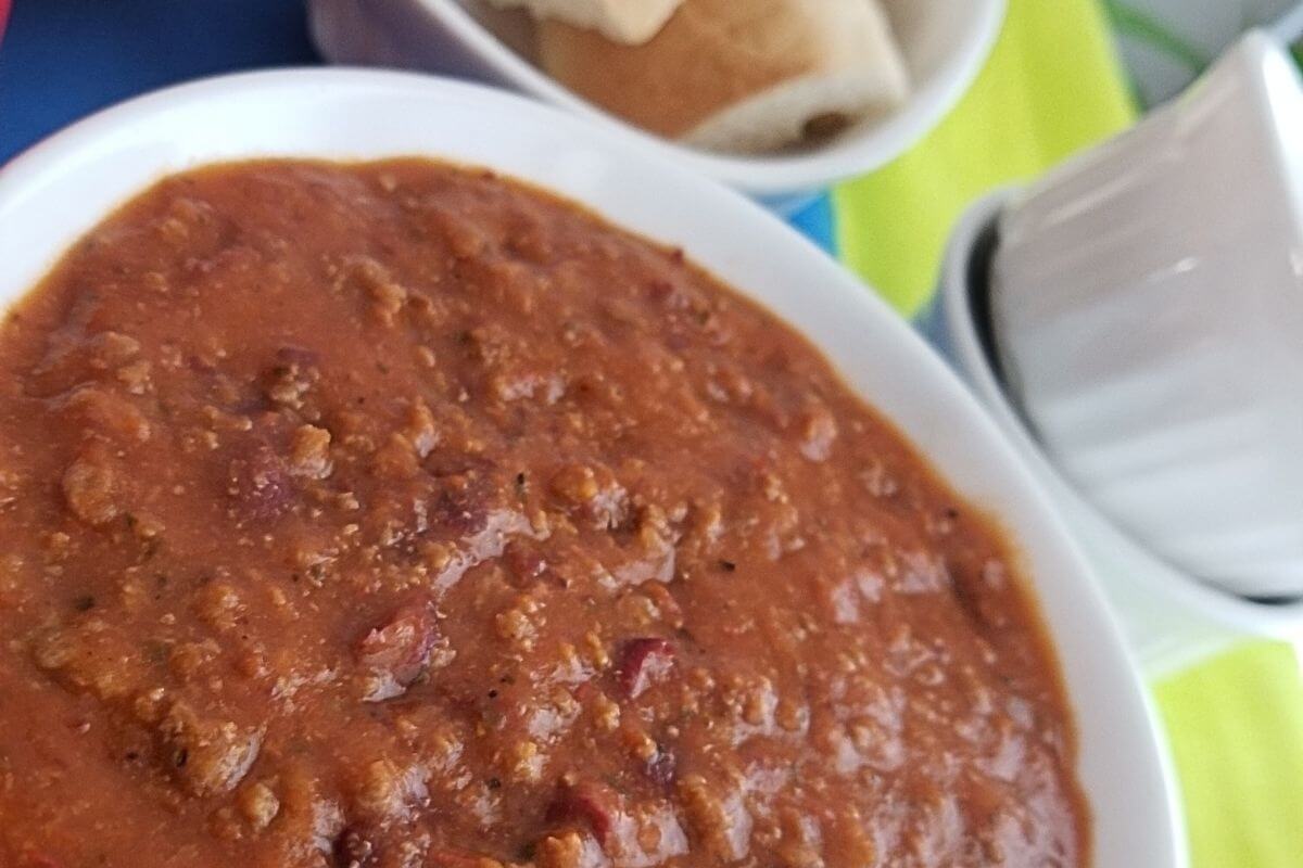 close up of one pot chili in a bowl
