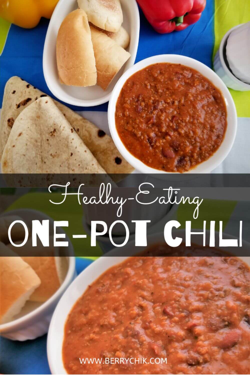 pin image featuring a bowl of one pot chili with naan to scoop and enjoy