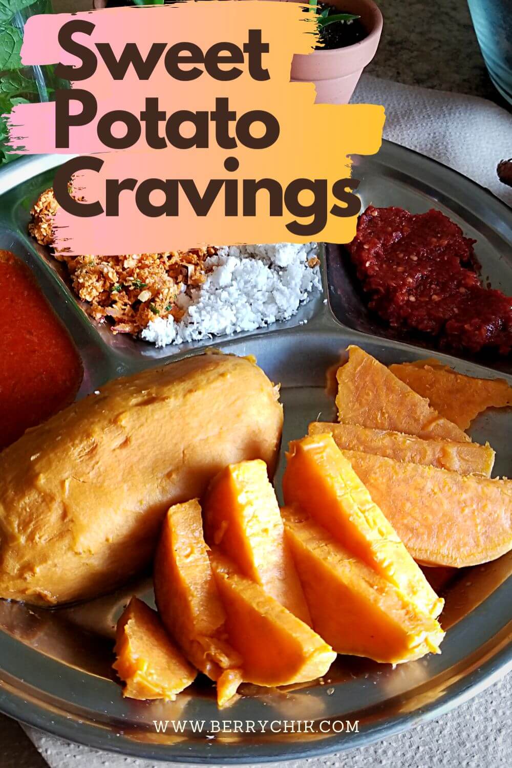 Overhead view of sweet potatoes with chili lime sauce.