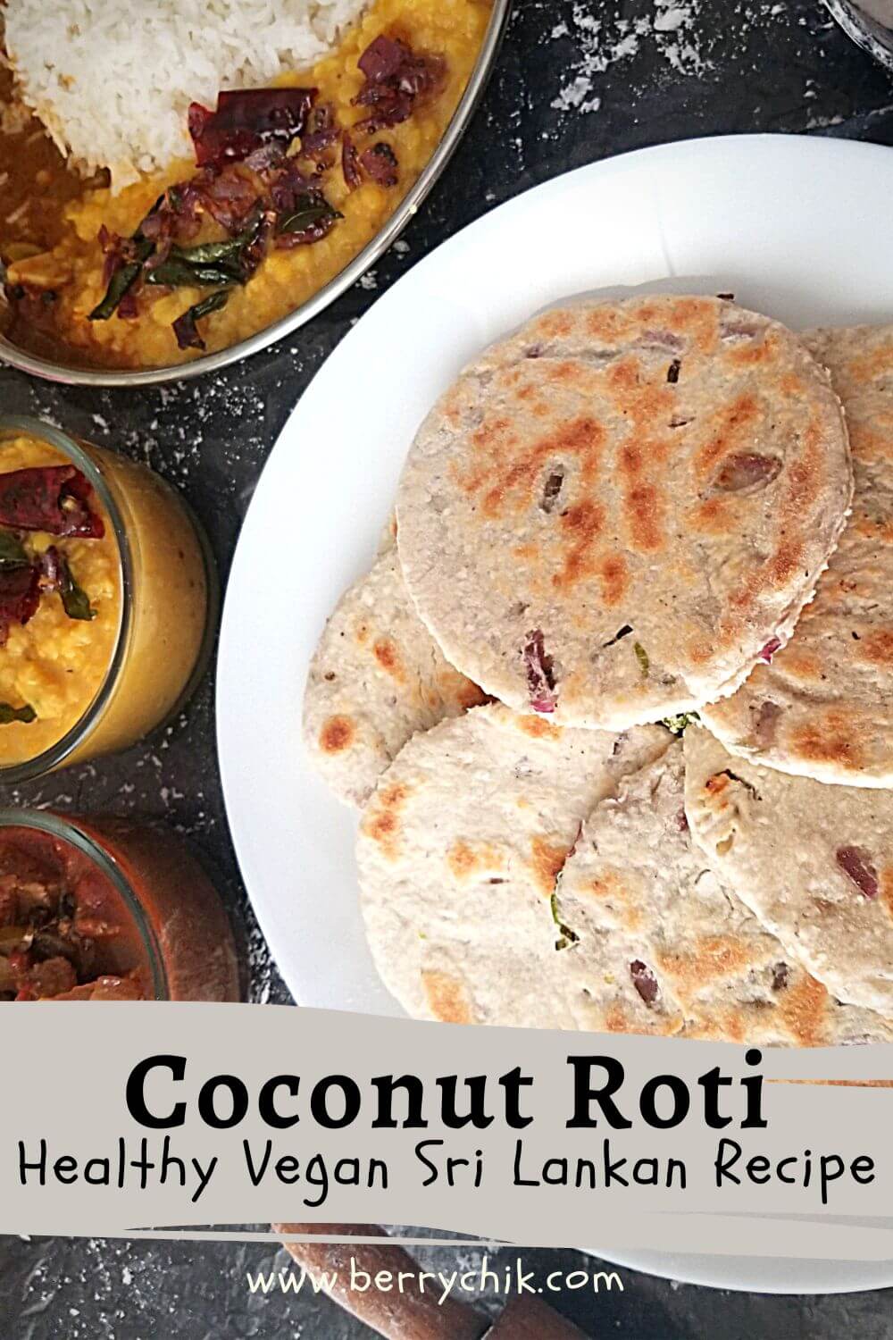 Coconut roti served with sambal and curry on the side.