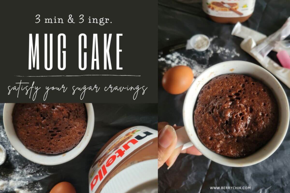 Overhead view of a warm mug cake with a soft, fluffy texture.