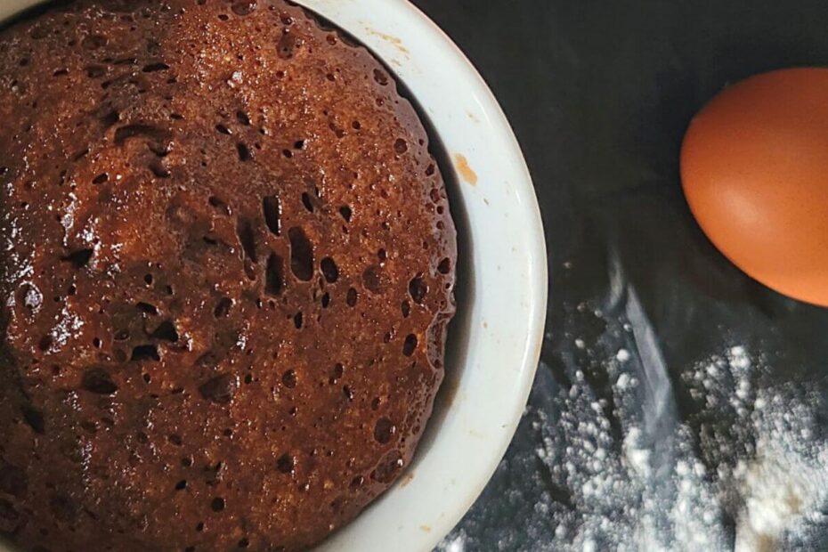 view of a microwave mug cake showing its moist, chocolatey texture.