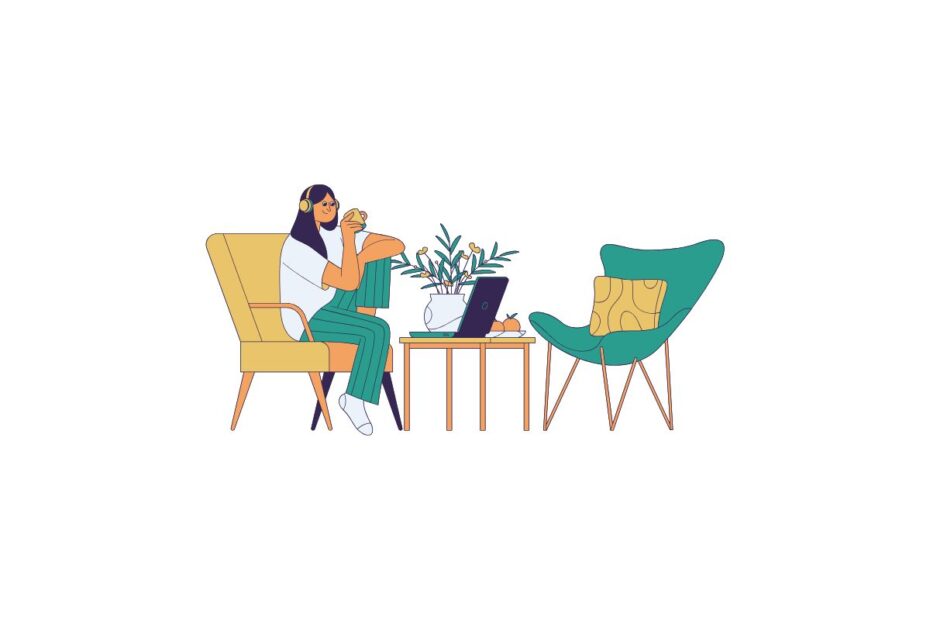 featured hero image of a cartoon women sitting in front of a laptop relaxing on the chair, ready to answer FAQ to start a blog