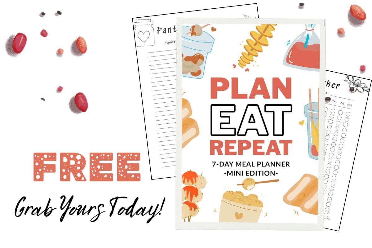 an image featuring the cover page of a 7-day meal planner and supportive pages behind stacked, to showcase that the meal planner is free with subscription.