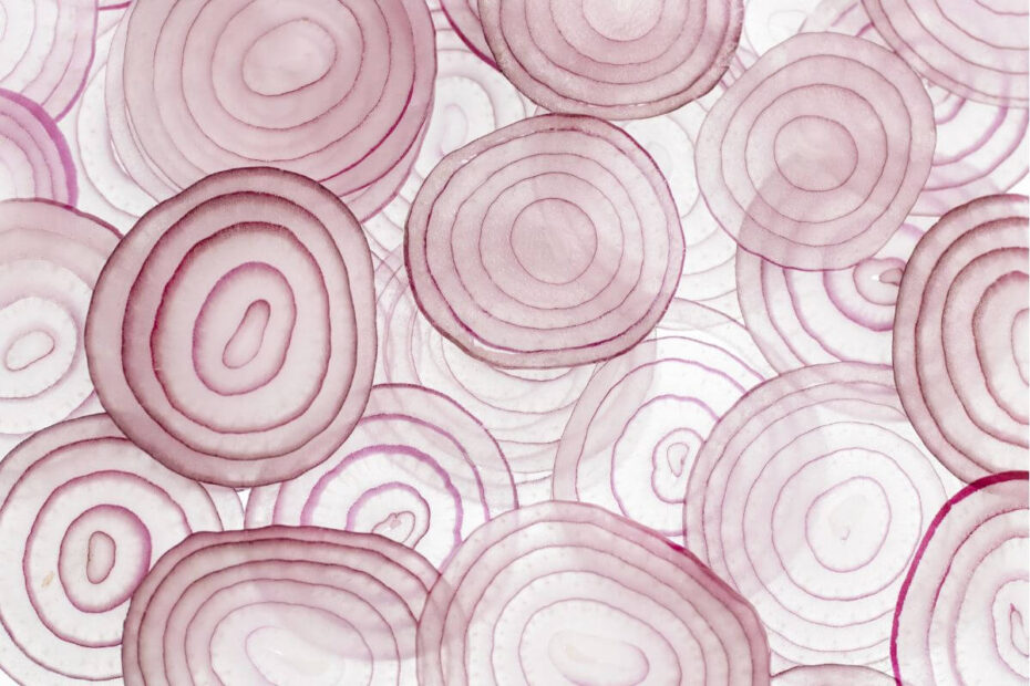 slices of thin onions spread over a white background to show and tell how to use onions