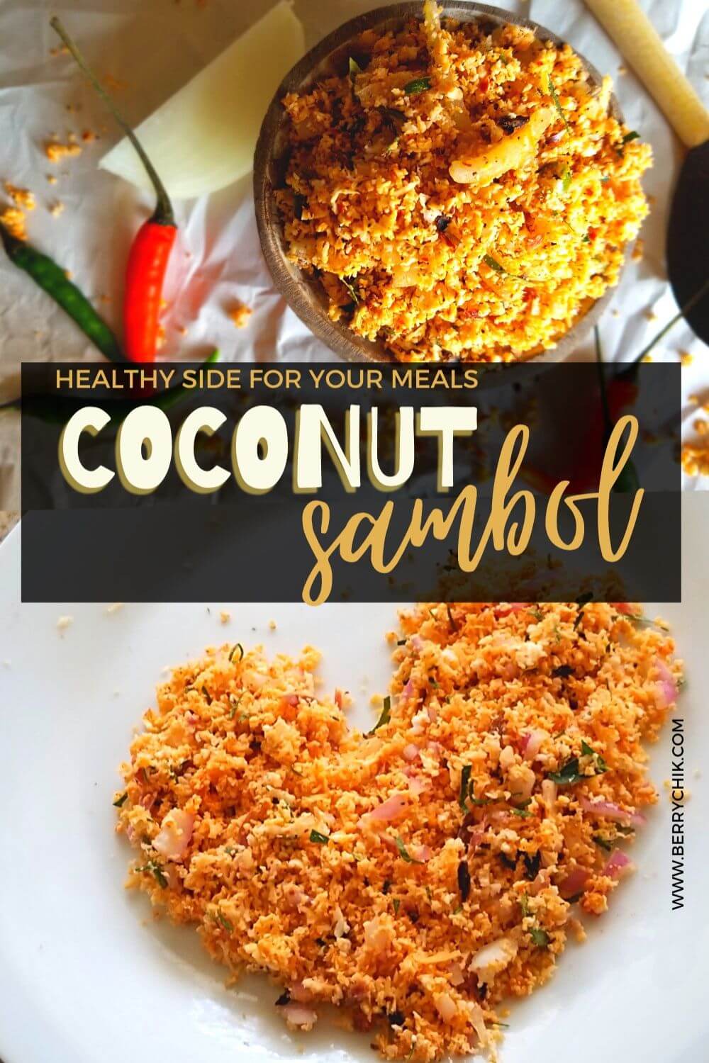 pin image featuring 2 images of coconut sambal plated differntly. 