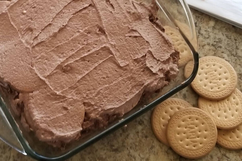 Sri Lankan chocolate biscuit pudding is layered and ready to be frozen