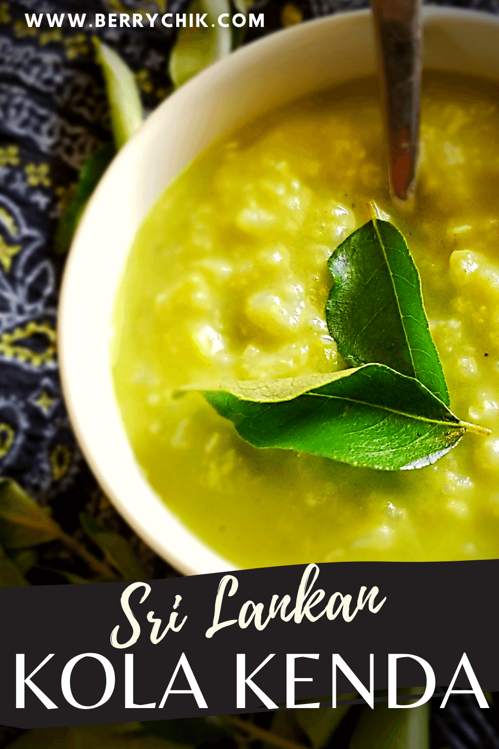a pin image of Sri Lankan Gotu Kola Kanda in a white bowl, on a tabletop.