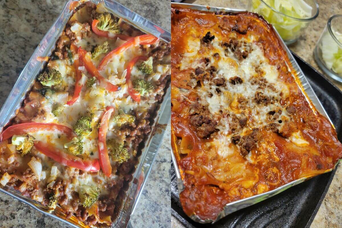 two images, side-by-side, featuring layered beef lasagna