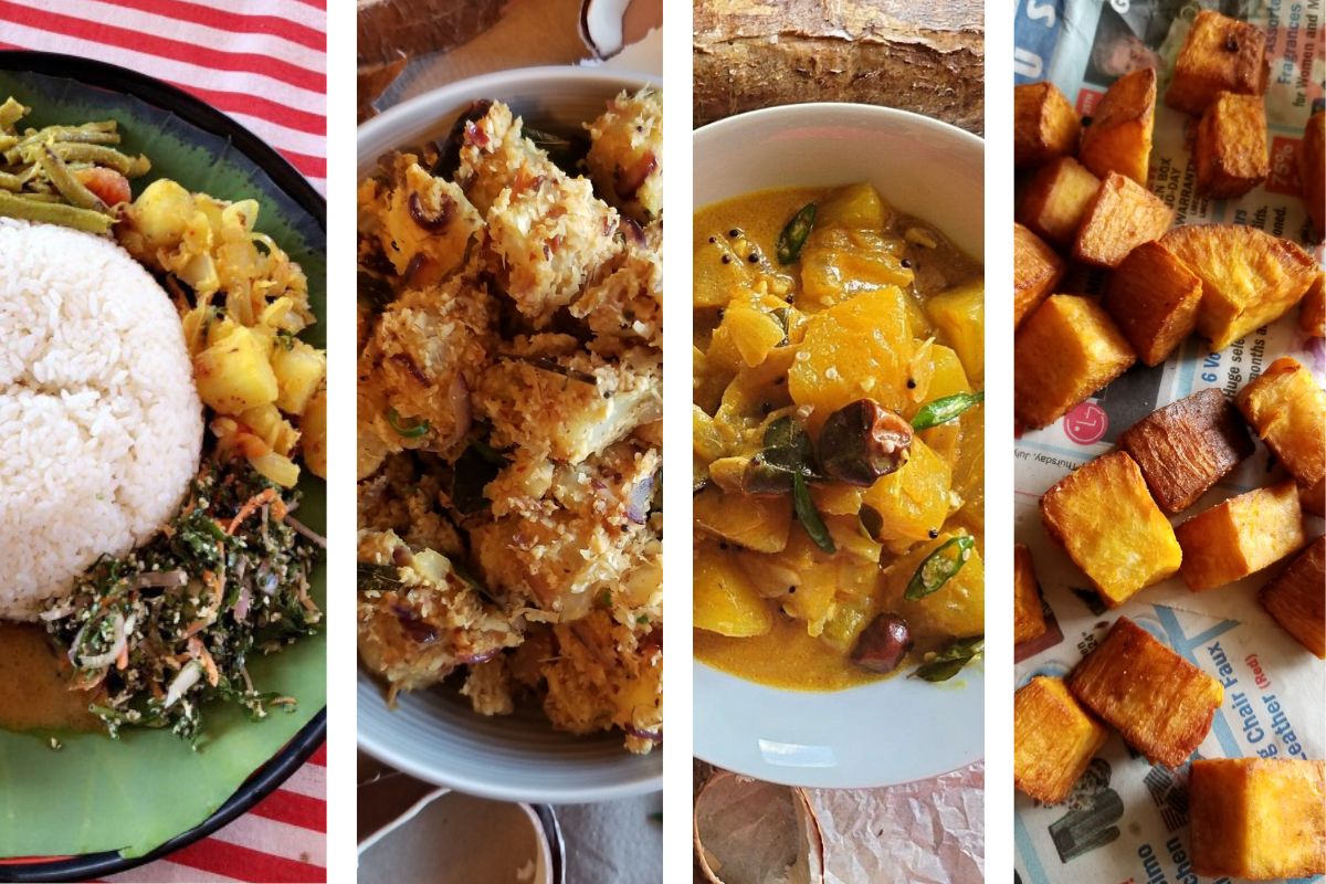 4 images side by side in a vertical thick line displaying a dish made using cassava