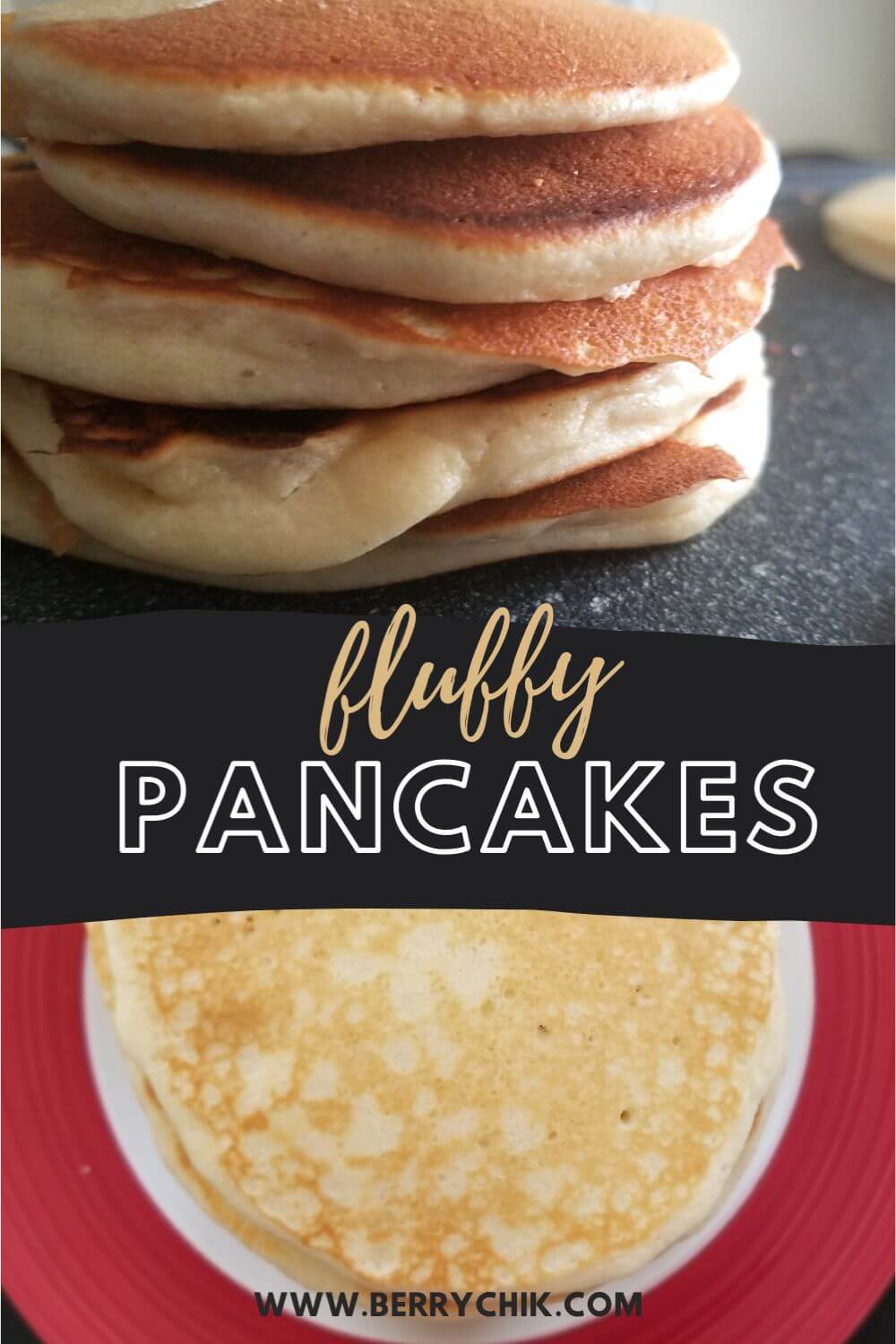 pin image featuring 2 images, both with pancakes staked on a plate.