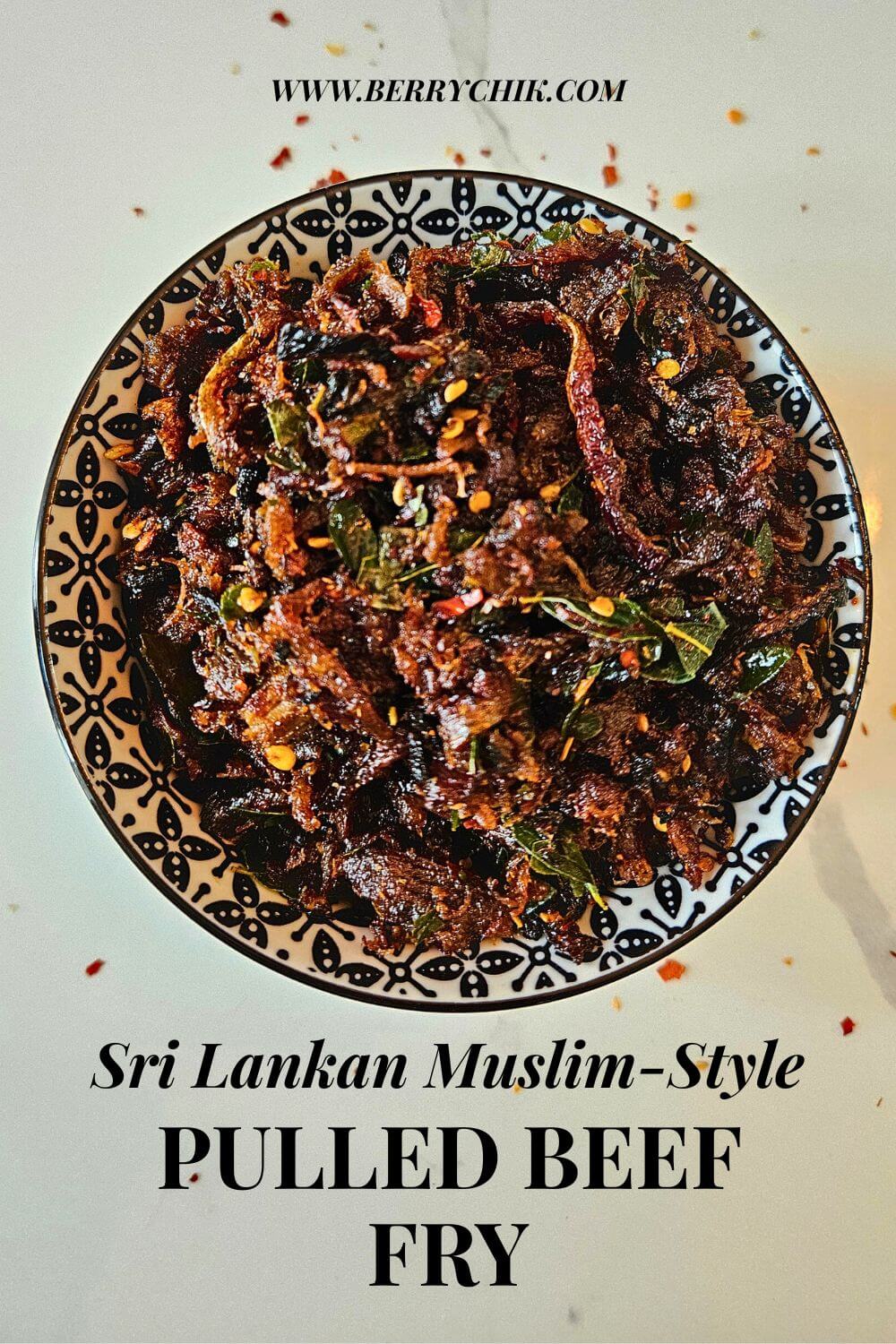 pin image of a bowl filled with pulled beef sambal