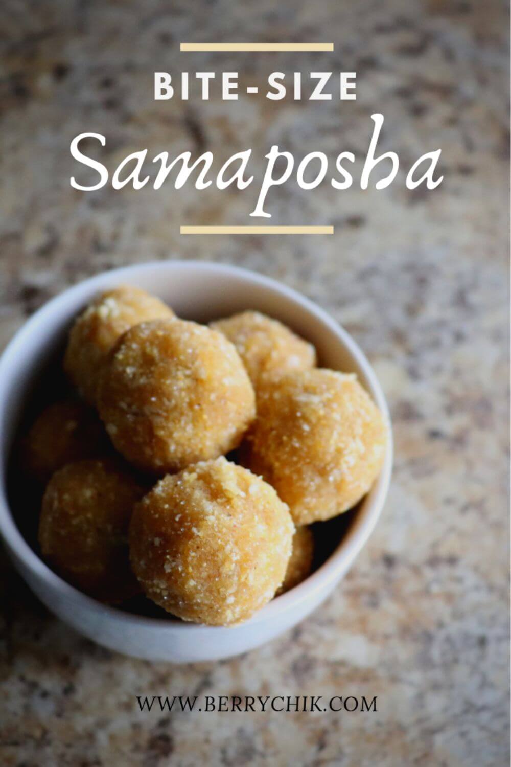 Small bowl filled with Samaposha energy balls made with healthy wholesome ingredients ready to eat.