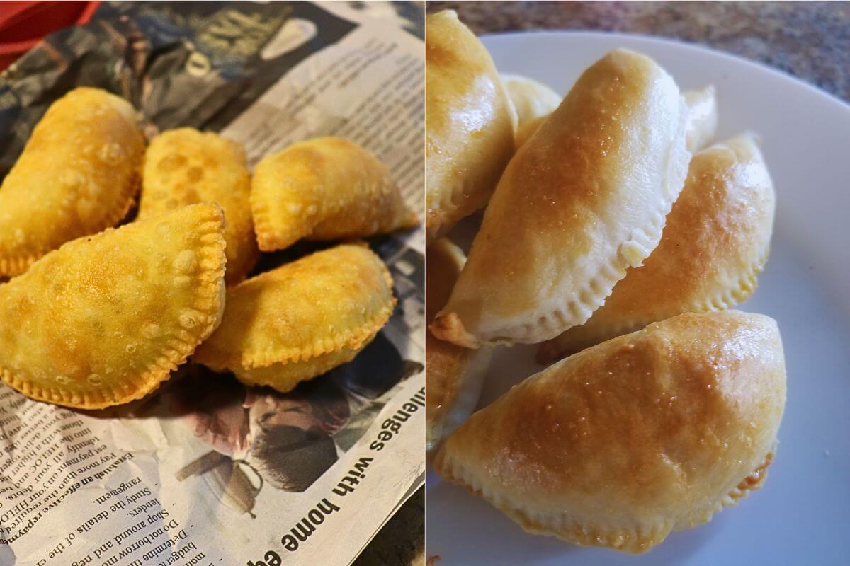 two images displaying sri lankan fish patties, both deep fried and baked, side by side