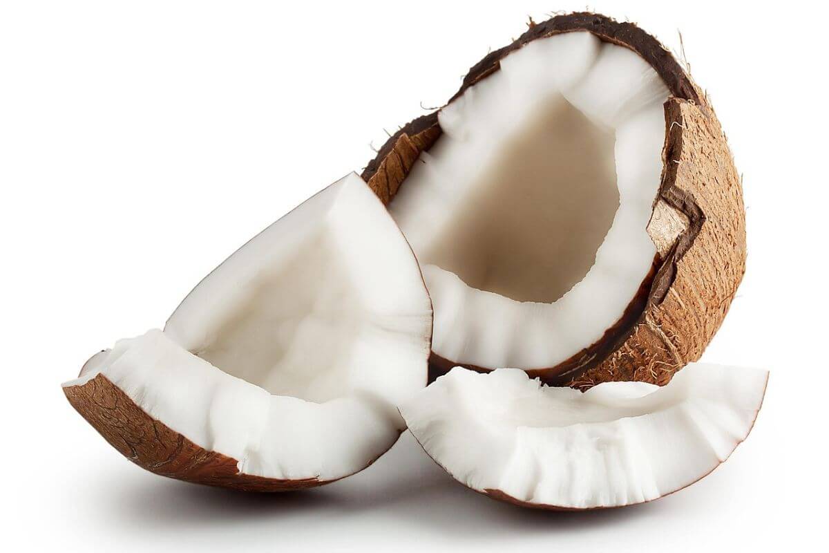 Close‑up of coconuts cut in half, highlighting the thick white meat and brown shell.