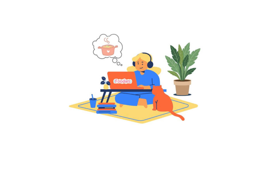 an cartoon image featuring a female sitting comfortably on a carpet with her cat and the laptop on her lap, thinking of following the best practice of food blog guide