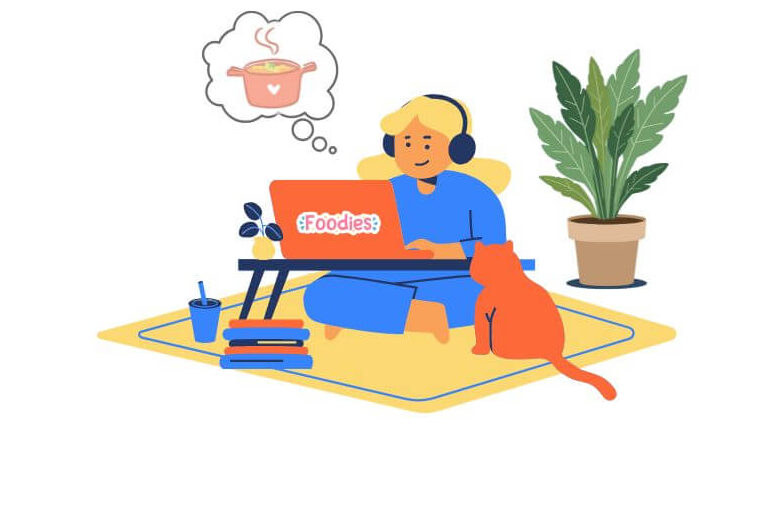 an cartoon image featuring a female sitting comfortably on a carpet with her cat and the laptop on her lap, thinking of following the best practice of food blog guide