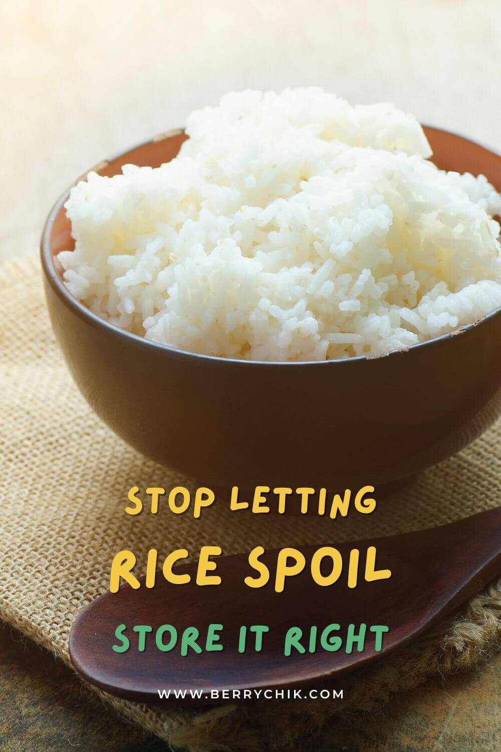 pin image featuring a bowl of rice cooked and cooling down to store safely