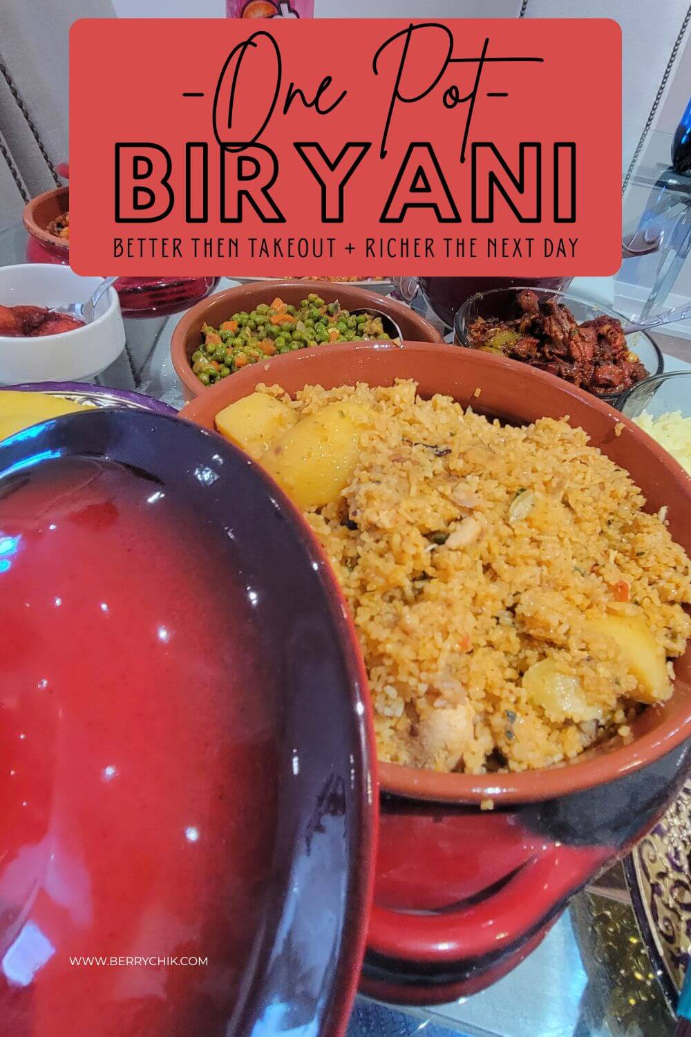 Close‑up biriyani in a pot for Pinterest, showing fluffy rice and tender meat