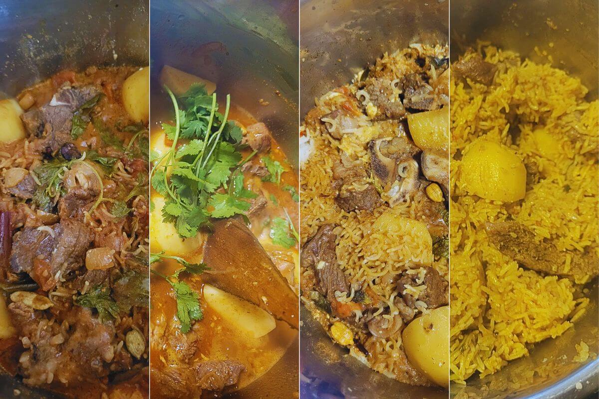 Four side‑by‑side images showing step‑by‑step Instant Pot biriyani preparation from sautéing onions to adding rice and herbs