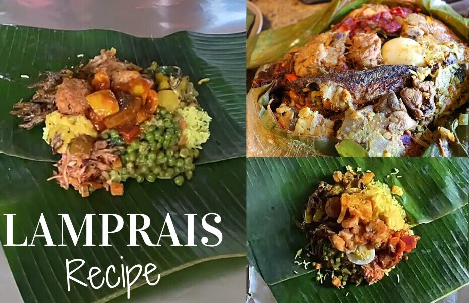 three images of lamprais unwrapped displaying the colorful rice and curry meal inside