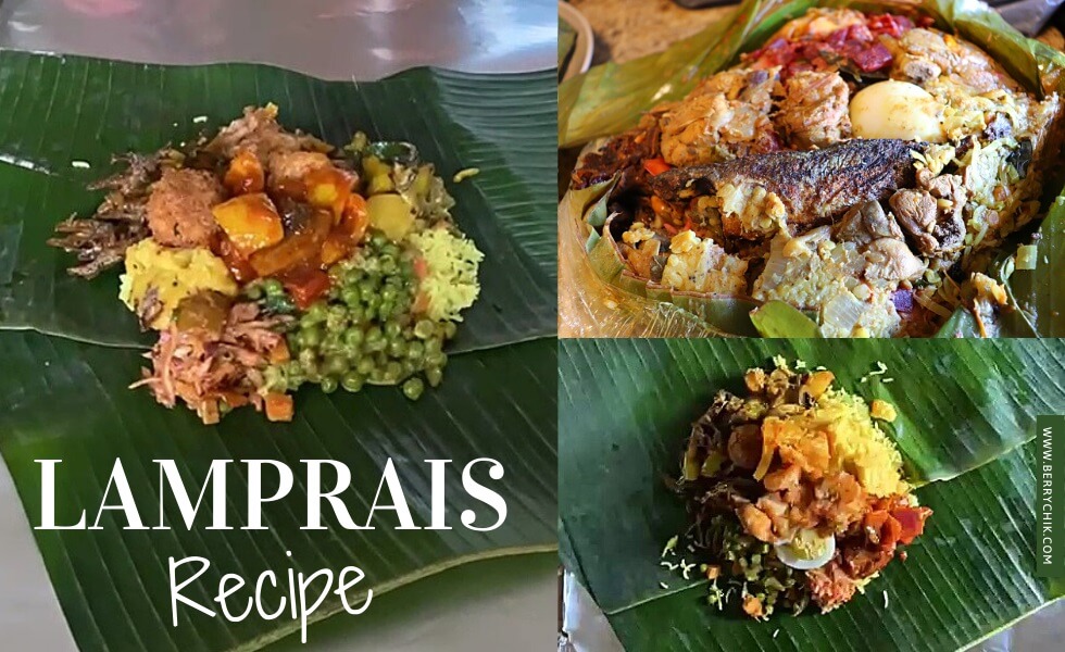 three images of lamprais unwrapped displaying the colorful rice and curry meal inside