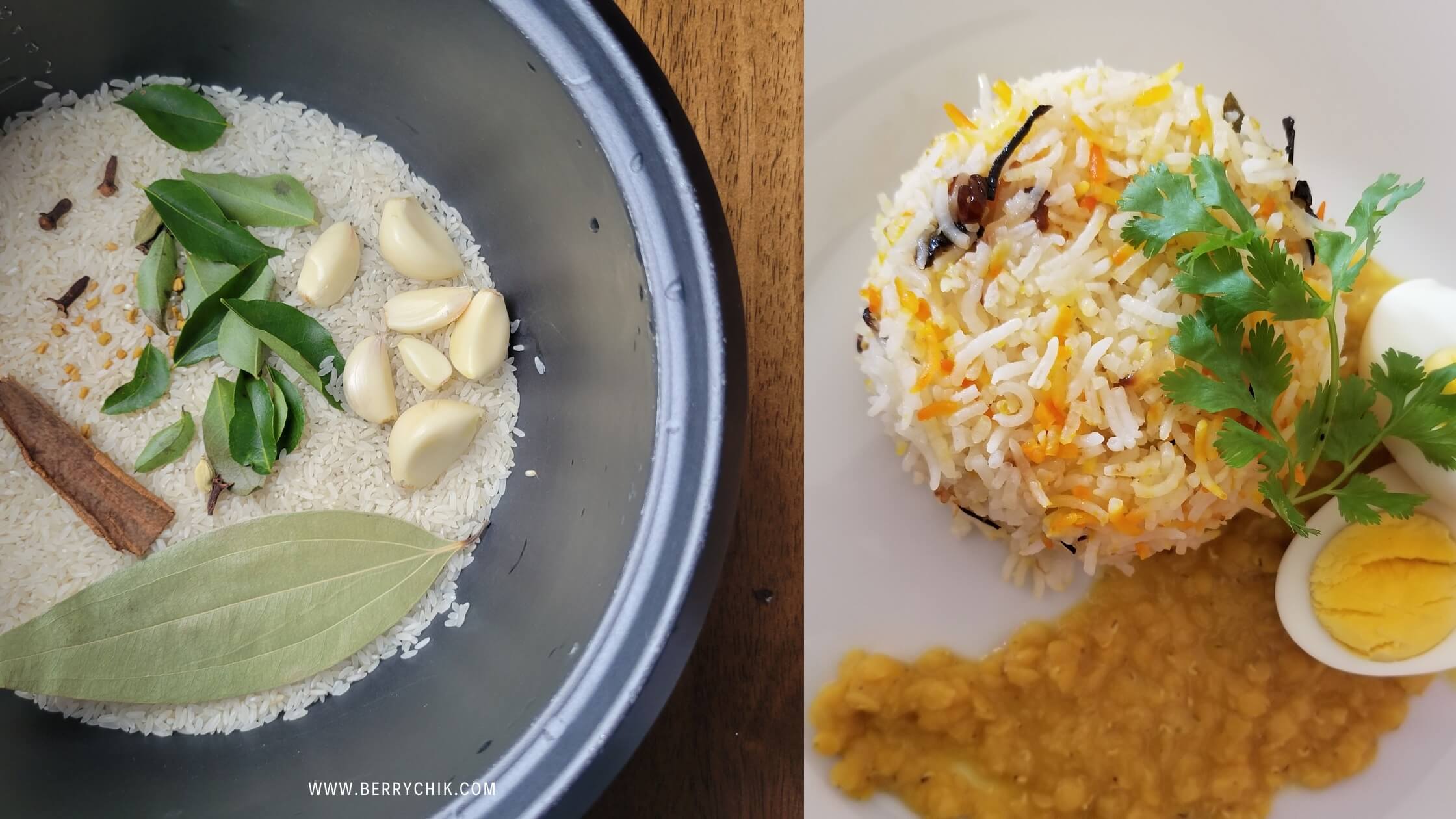 image on the left is a rice bowl and spices ready to cook and the image on the right is a plated ghee rice garnished ready to enjoy. both images featuring rice to prepare a lamprais