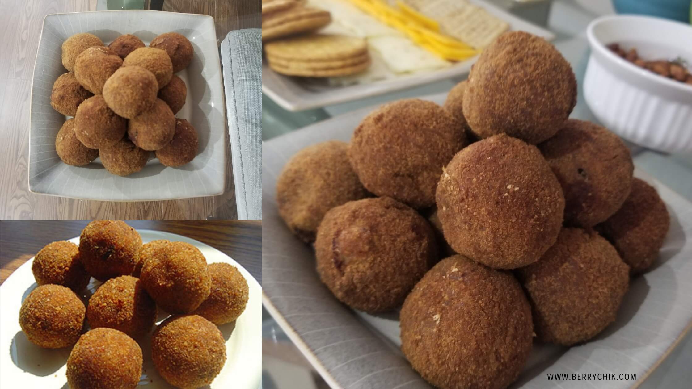 three images of cutlets filled in bowl, one of the sides added on lamprais
