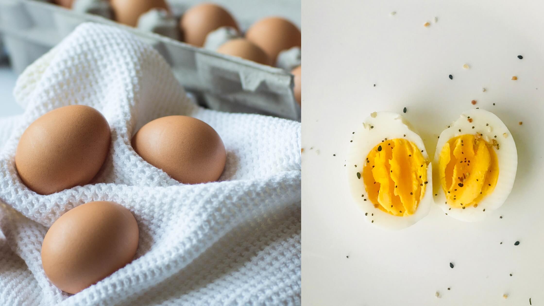 the image on left is of 3 eggs on a soft fabric and the image on the right is a boiled egg cut in half, displaying the bright yellow york inside.