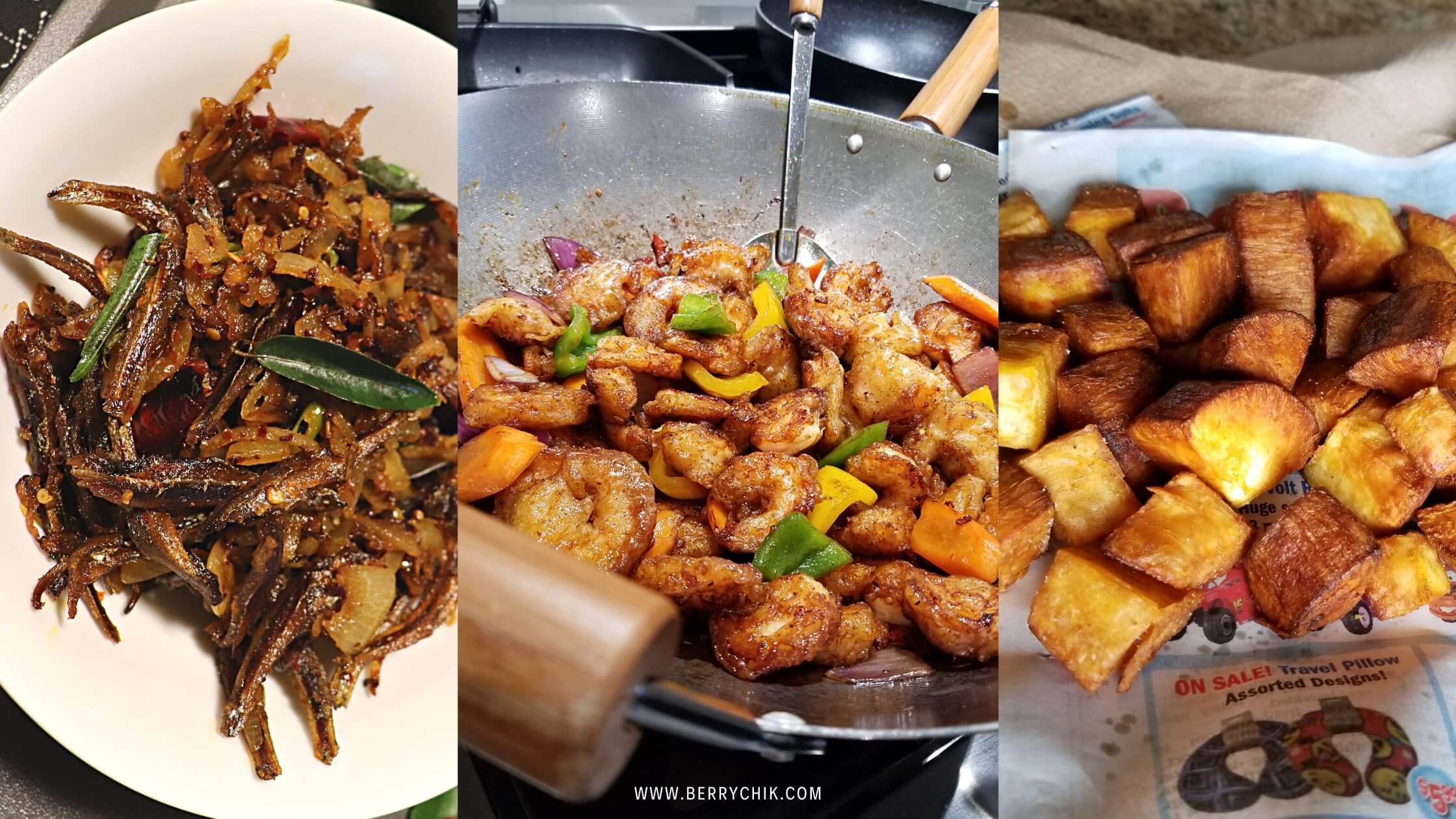 three images of fried (from the left anchovies, shrimp, and potatoes to the right) to prepare lamprais